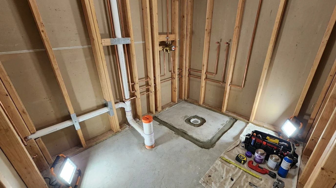 Bathroom rough-in plumbing during remodel by Johns Plumbing LLC in East Wenatchee
