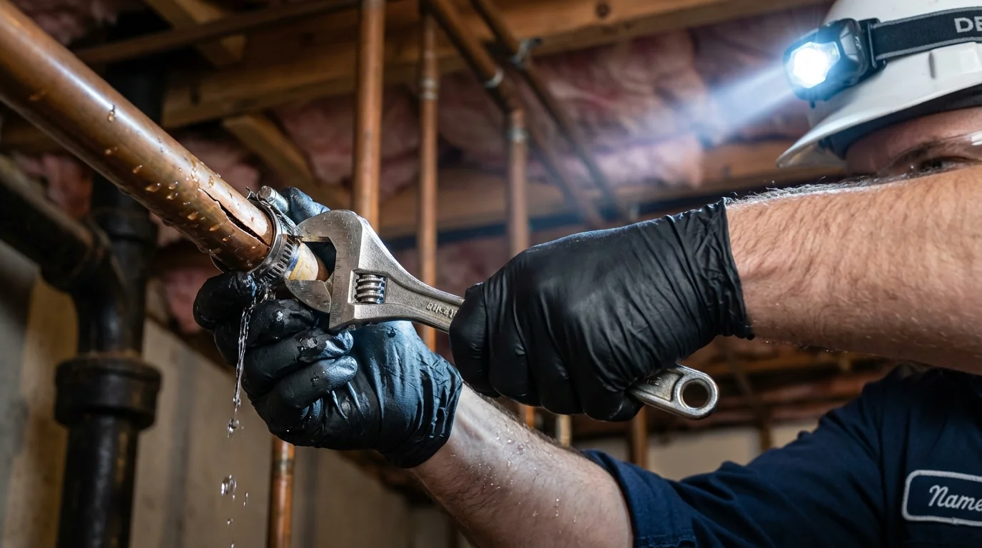 Emergency pipe clamp repair being performed by a Johns Plumbing LLC plumber in East Wenatchee