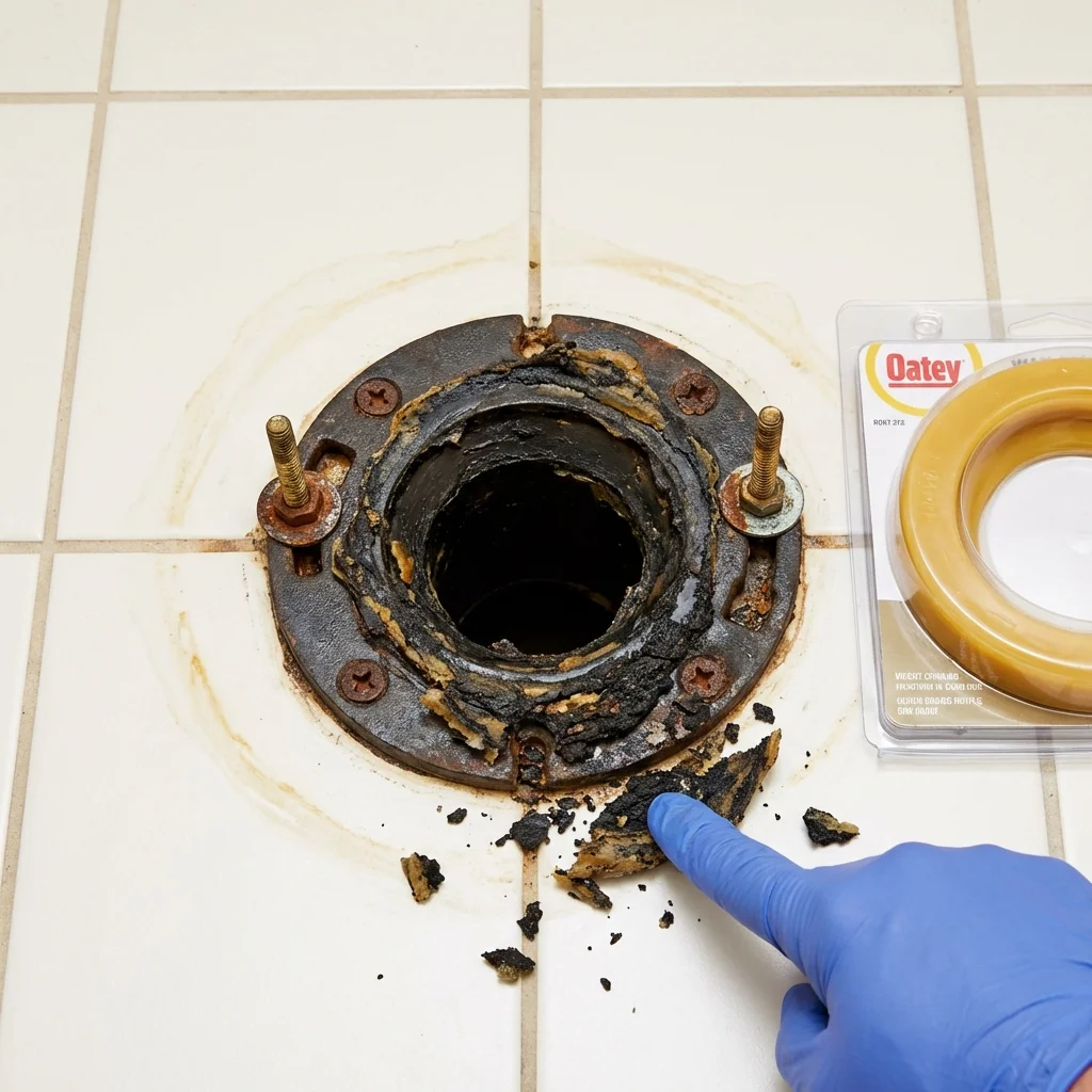Failed wax ring showing water seepage at the base of a toilet in a East Wenatchee, WA home