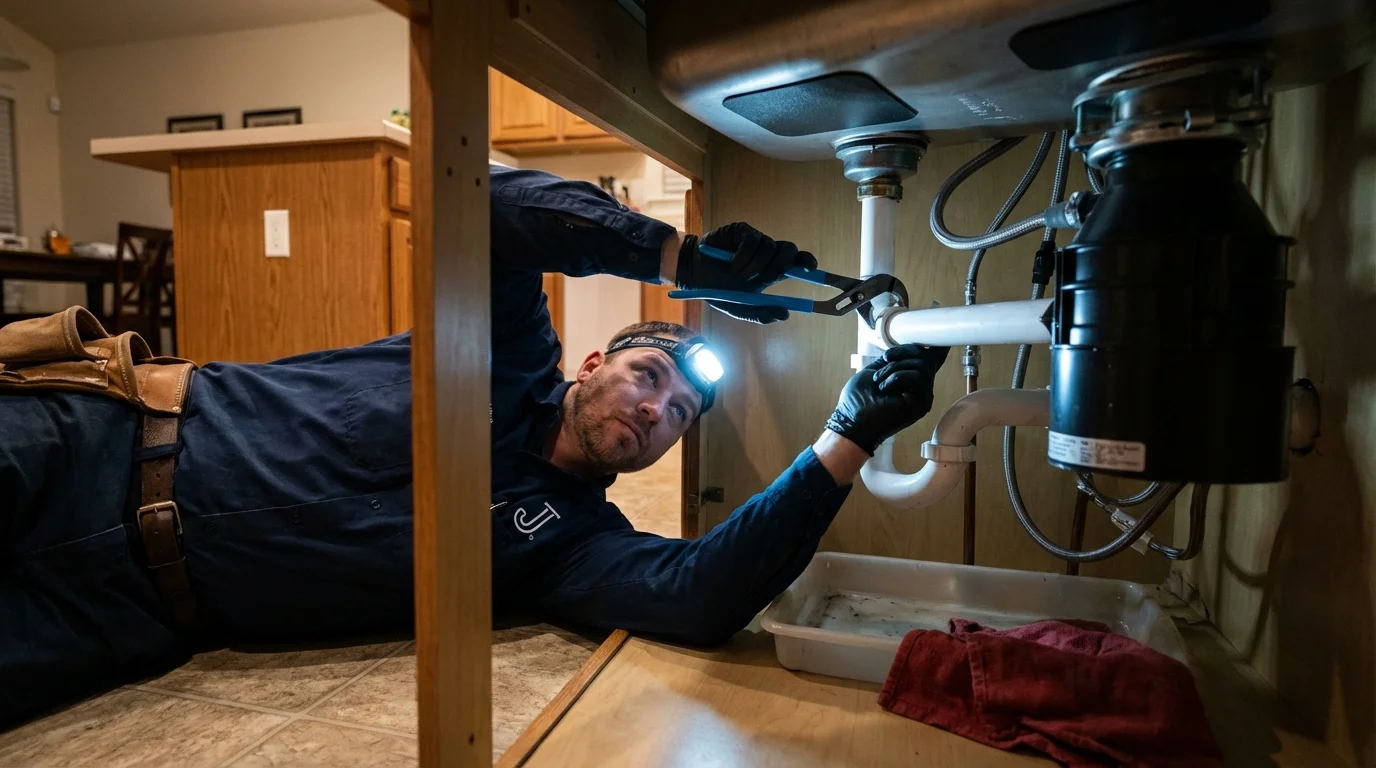 P-trap and supply line connections under a kitchen sink showing a common leak point in East Wenatchee, WA